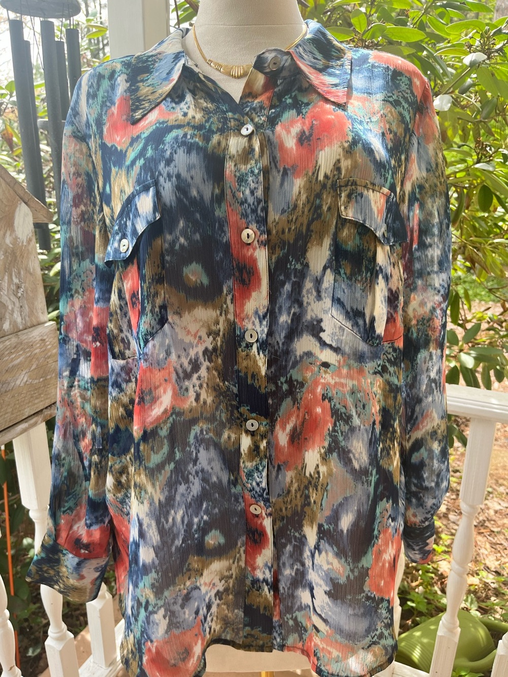 CJ Banks 2X Abstract Print Sheer Button Front Blouse 90s Boho Artsy Y2K